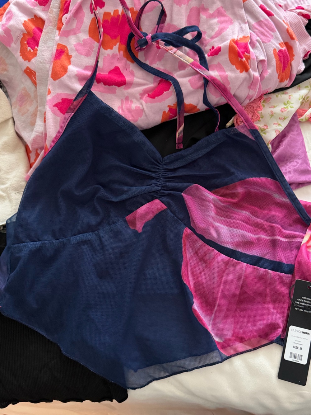 Sheer Navy & Pink Floral Cami Top - Women Intimates & Sleepwear
